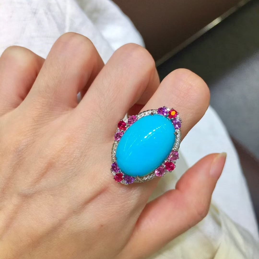 14k Gold 15.71 Ctw Natural Turquoise & Diamond Ring - 3