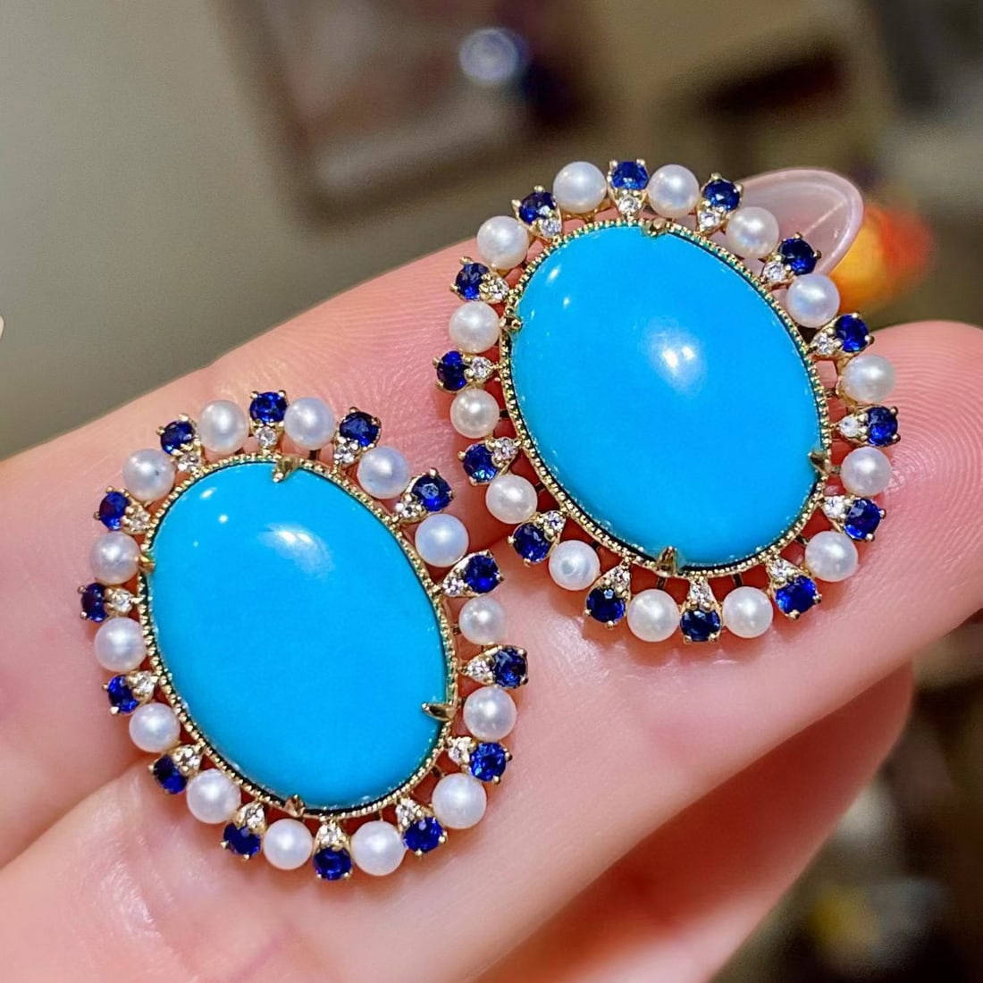 14k Gold 13.78 Ctw Natural Turquoise & Sapphire Earrings - 2