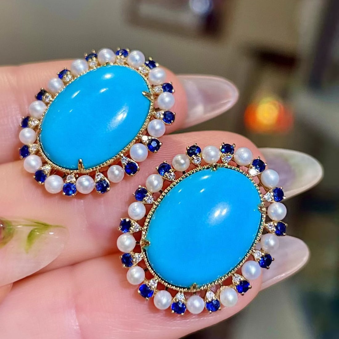 14k Gold 13.78 Ctw Natural Turquoise & Sapphire Earrings - 3