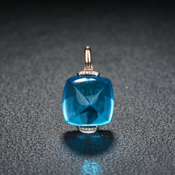 14k Gold 29.12 Ct Natural Topaz & Diamond Pendant( Without Chain ): Ref:231065120 // gold content:14k gold // main gemstone:topaz // shape:sugar-loaf // carat weight:29. 12ct // color:blue // treatment:natural // // adjacent gemstone 2 : diamond // shape:round //