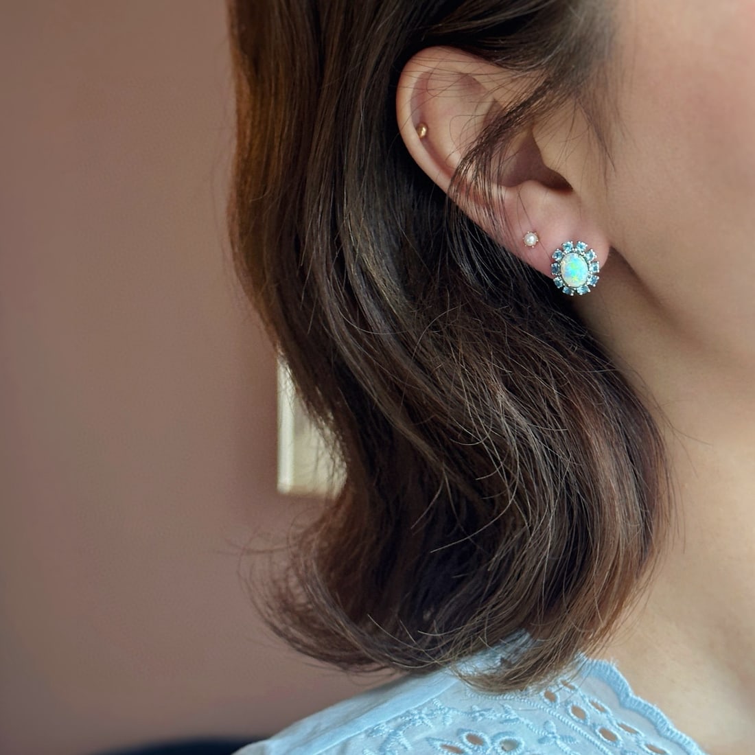 14k Gold 2 Ctw Natural Opal & Aquamarine Earrings - 4