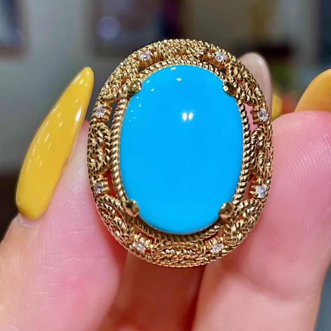 14k Gold 8.22 Ctw Natural Turquoise & Diamond Ring: Ref:231065203 // gold content:14k gold // ring size:7. 25us // // main gemstone:turquoise // shape:oval // carat weight:8. 10ct // color:blue // treatment:natural // // adjacent gemstone 2 : diamond /