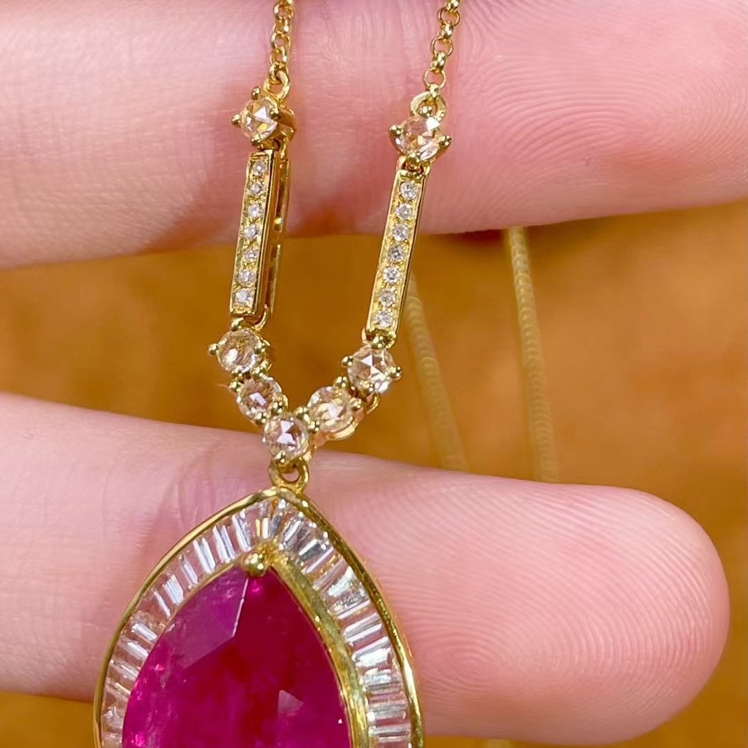 14k Gold 4.3 Ct Natural Tourmaline & Diamond & Sapphire Necklace - 2