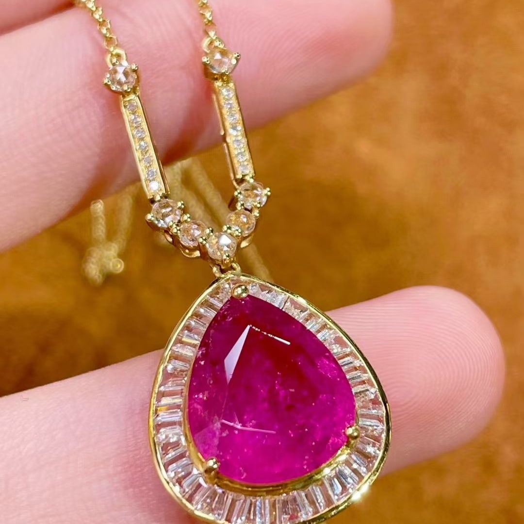 14k Gold 4.3 Ct Natural Tourmaline & Diamond & Sapphire Necklace - 4