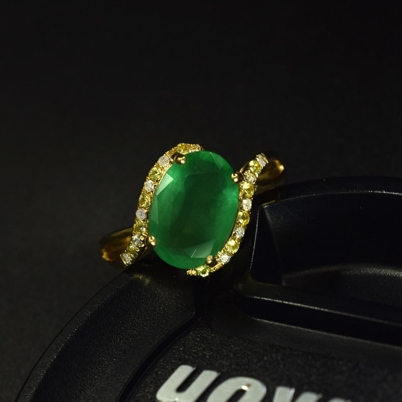 14k Gold 2.59 Ctw Vivid Green Natural Emerald & Diamond Ring: Ref:231065215 // gold content:14k gold // ring size:7. 25us // // main gemstone:emerald // shape:oval // carat weight:2. 51ct // color:vivid green // treatment:natural // // adjacent gemstone 2 :