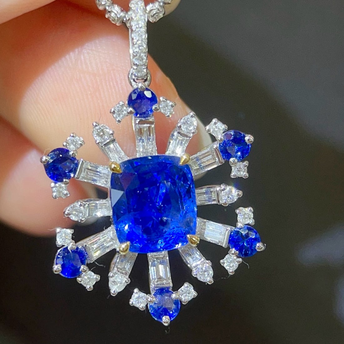 14k Gold 3.76 Ctw Vivid Blue Natural Sapphire & Diamond Pendant( Without Chain ): Ref:231065224 // gold content:14k gold // main gemstone:sapphire // shape:cushion // carat weight:3. 10ct // color:vivid blue // treatment:natural // // adjacent gemstone 2 : diamond // shape:multiple