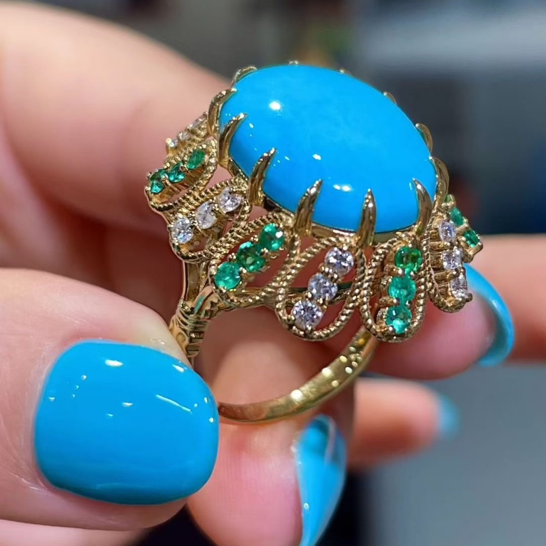 14k Gold 9.33 Ctw Natural Turquoise & Diamond Ring - 5