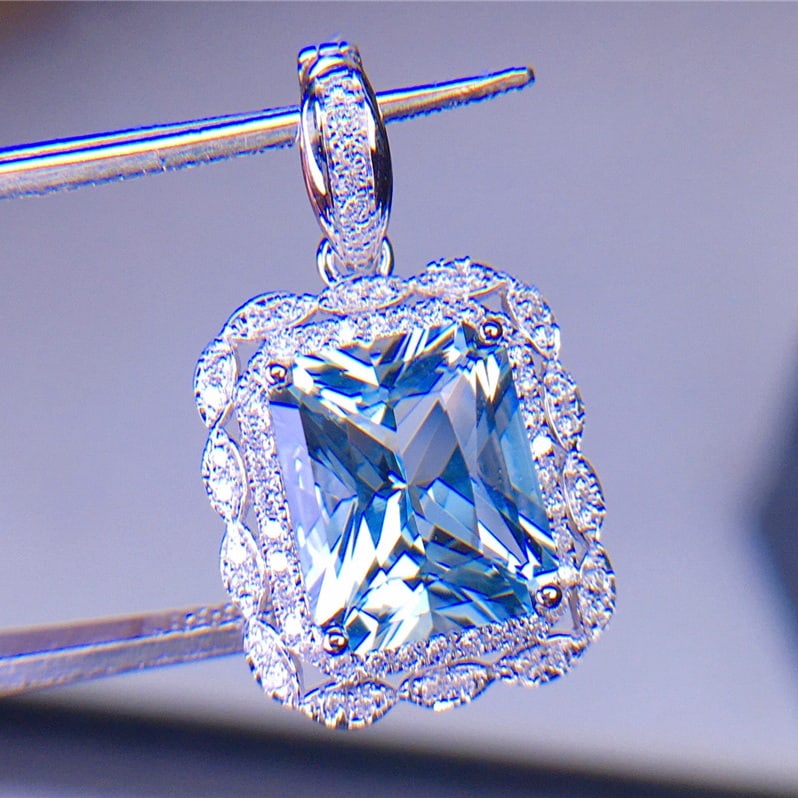 14k Gold 3.66 Ct Natural Aquamarine & Diamond Pendant( Without Chain ) - 2