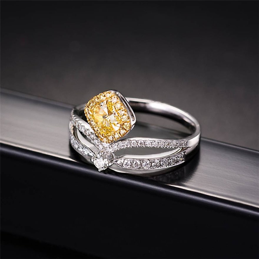 Gia Certified 14k Gold 1 Ct Natural Yellow Diamond & Diamond Ring: Ref:231066023 // gold content:14k gold // ring size:7. 25us // // main gemstone:yellow diamond // certified:gia // shape:cushion // carat weight:1ct // clarity grade:si1 // color:yellow //