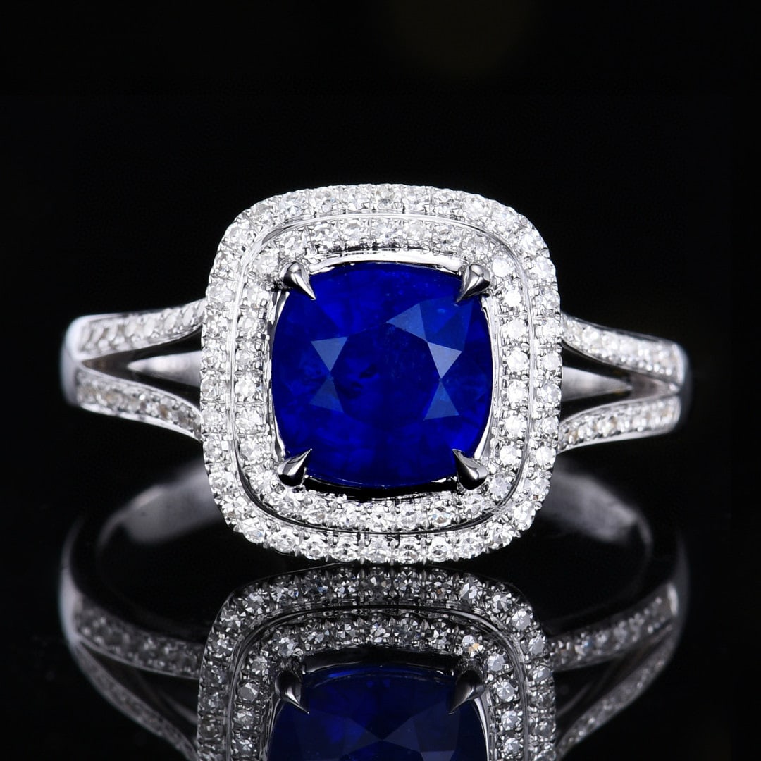 14k Gold 2.33 Ctw Natural Sapphire & Diamond Ring: Ref:231066032 // gold content:14k gold // ring size:7. 25us // // main gemstone:sapphire // shape:cushion // carat weight:2. 03ct // color:royal blue // treatment:natural // // adjacent gemstone 2 : d