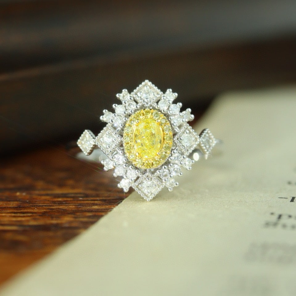 14k Gold 0.55 Ctw Natural Yellow Diamond & Diamond Ring: Ref:231066102 // gold content:14k gold // ring size:7. 25us // // main gemstone:yellow diamond // shape:oval // carat weight:0. 25ct // color:yellow // treatment:natural // // adjacent gemstone 2