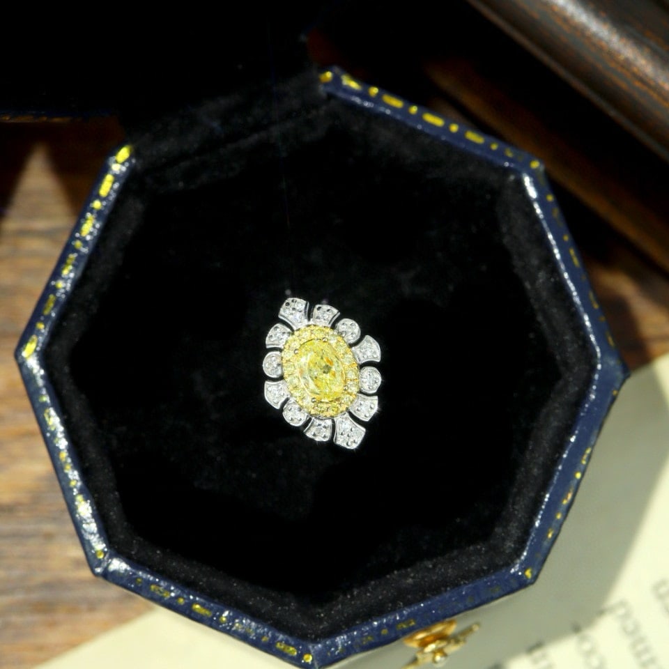 14k Gold 0.33 Ctw Natural Yellow Diamond & Diamond Ring: Ref:231066110 // gold content:14k gold // ring size:7. 25us // // main gemstone:yellow diamond // shape:oval // carat weight:0. 23ct // color:yellow // treatment:natural // // adjacent gemstone 2