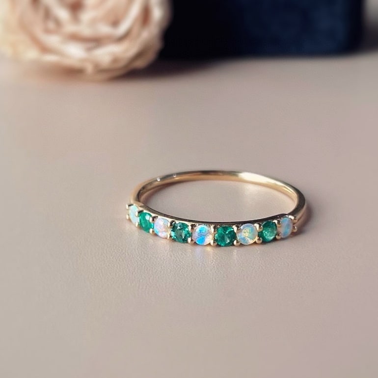 14k Gold 0.25 Ct Natural Emerald & Opal Ring: Ref:231066134 // gold content:14k gold // ring size:7. 25us // // main gemstone:emerald & opal // shape:round // carat weight:0. 25ct // color:green & white // treatment:natural // cut grade:g //