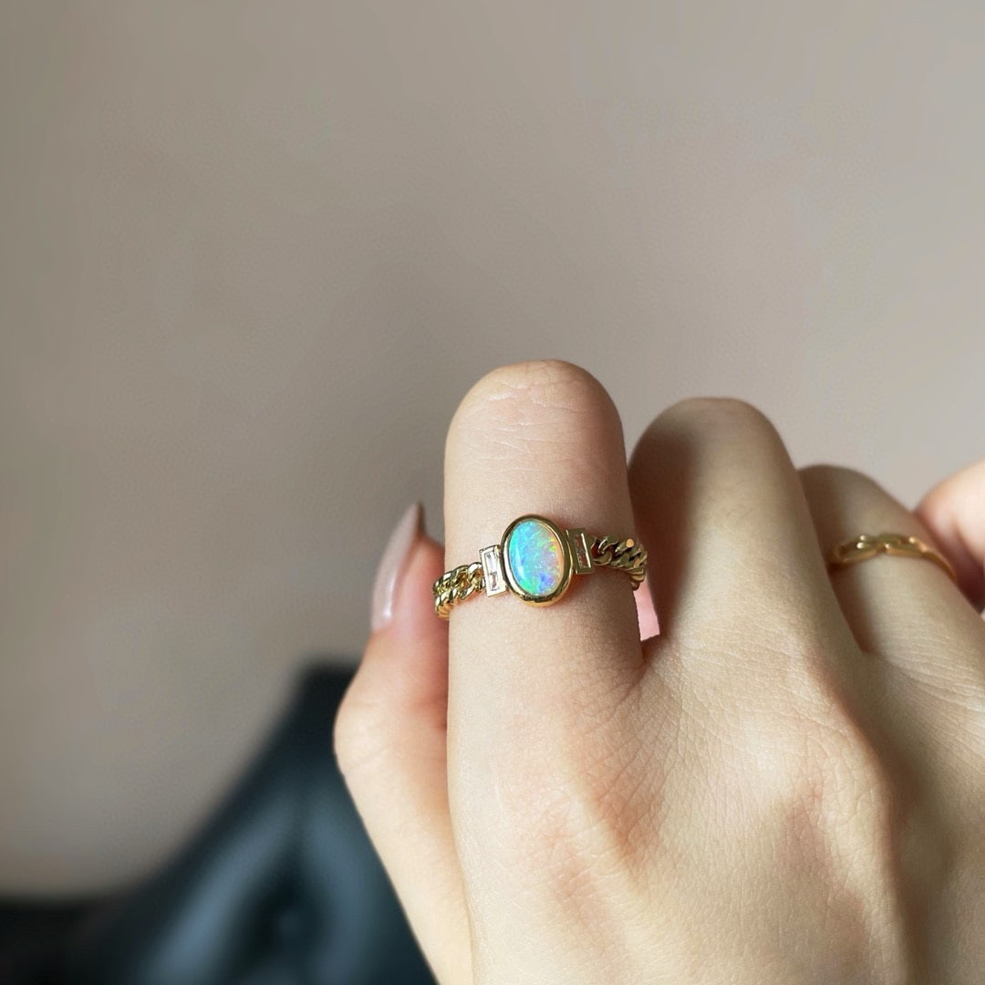 14k Gold 0.4 Ct Natural Opal & Diamond Ring - 4