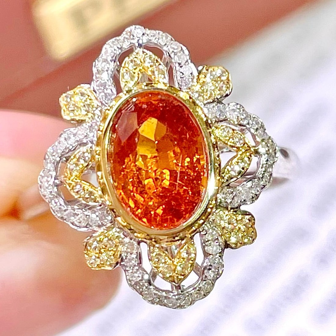 14k Gold 1.7 Ct Natural Spessartine & Diamond & Sapphire Ring: Ref:231066154 // gold content:14k gold // ring size:7. 25us // // main gemstone:spessartine // shape:oval // carat weight:1. 7ct // color:orange // treatment:natural // // adjacent gemstone 2 :