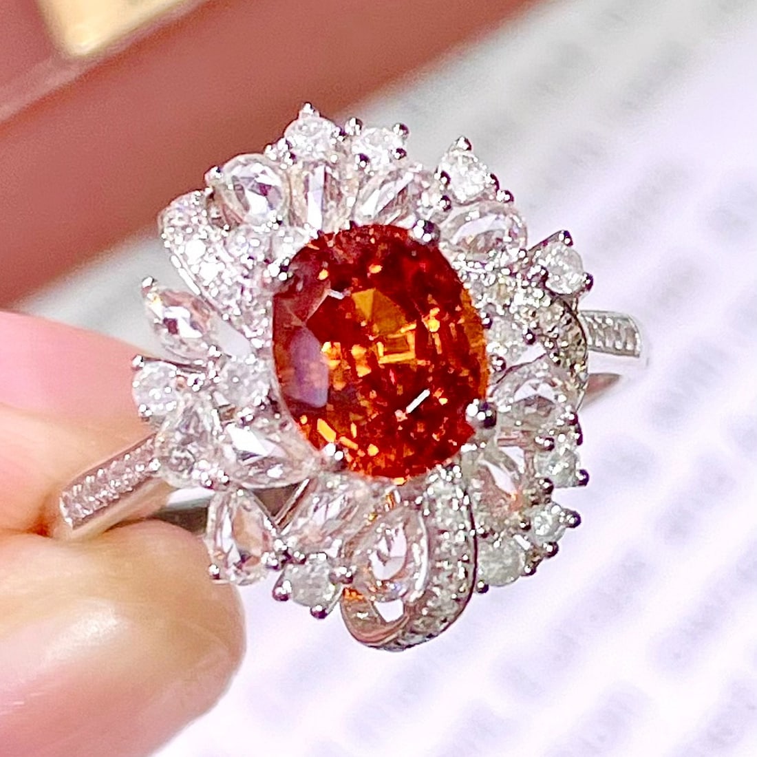 14k Gold 1.95 Ct Natural Spessartine & Diamond Ring: Ref:231066167 // gold content:14k gold // ring size:7. 25us // // main gemstone:spessartine // shape:oval // carat weight:1. 95ct // color:orange // treatment:natural // // adjacent gemstone 2 :