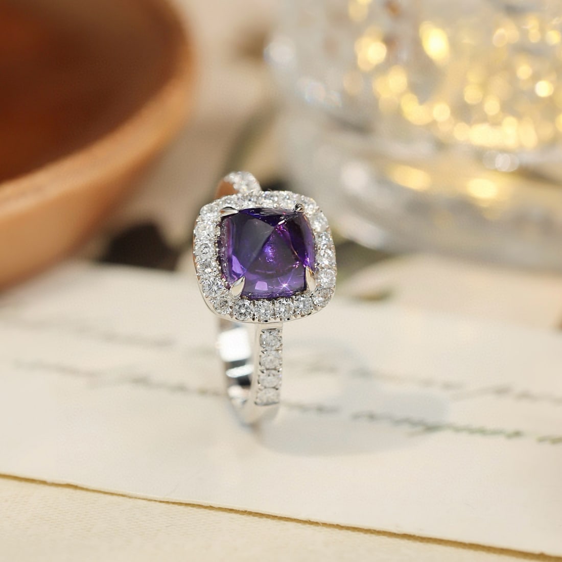 14k Gold 4.07 Ctw Natural Sapphire & Diamond Ring: Ref:231066215 // gold content:14k gold // ring size:7. 25us // // main gemstone:sapphire // shape:sugar-loaf // carat weight:3. 58ct // color:purple // treatment:natural // // adjacent gemstone 2