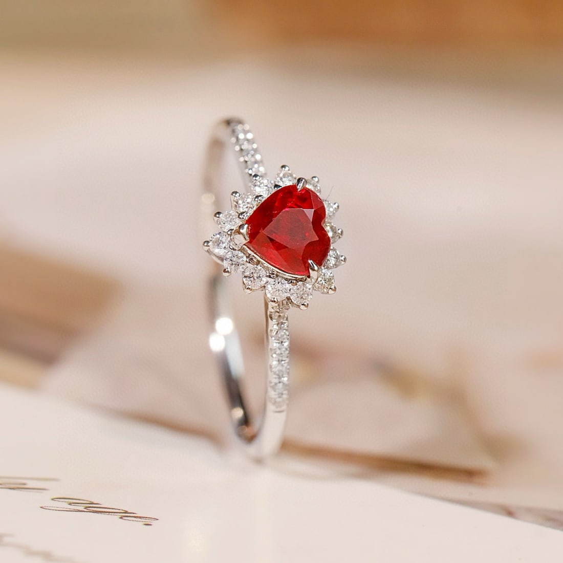 14k Gold 0.80 Ctw Natural Ruby & Diamond Ring: Ref:231066220 // gold content:14k gold // ring size:7. 25us // // main gemstone:ruby // shape:heart // carat weight:0. 61ct // color:pigeonblood red // treatment:natural // // adjacent gemstone 2