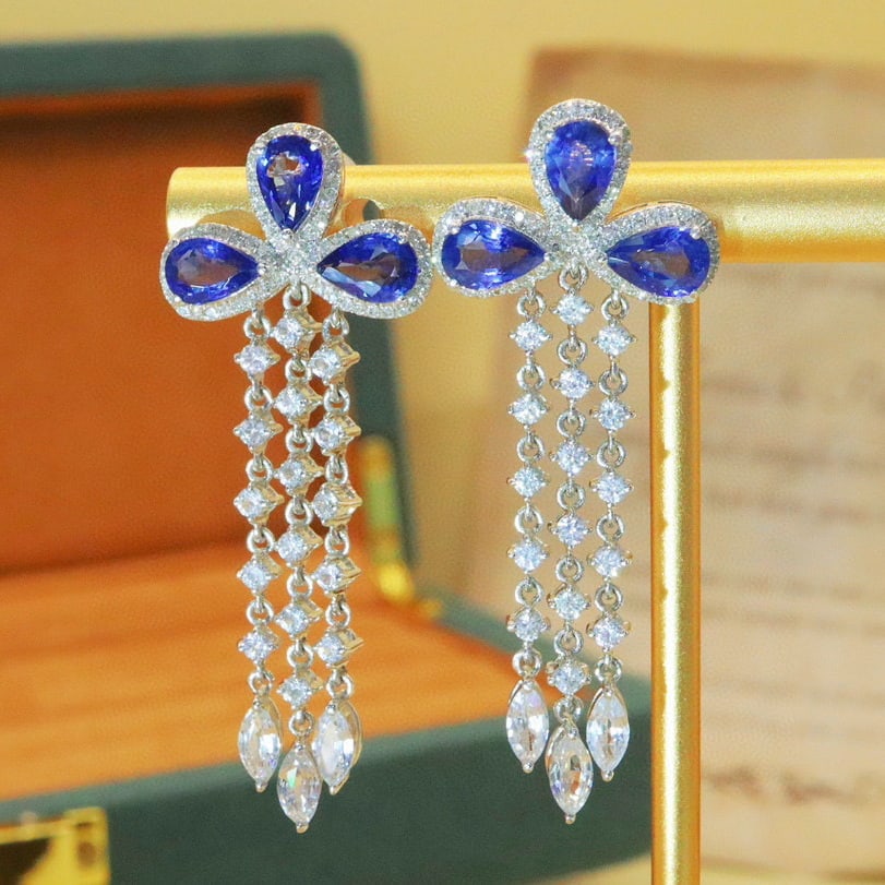 14k Gold 3.36 Ctw Natural Sapphire & Diamond Earrings - 3