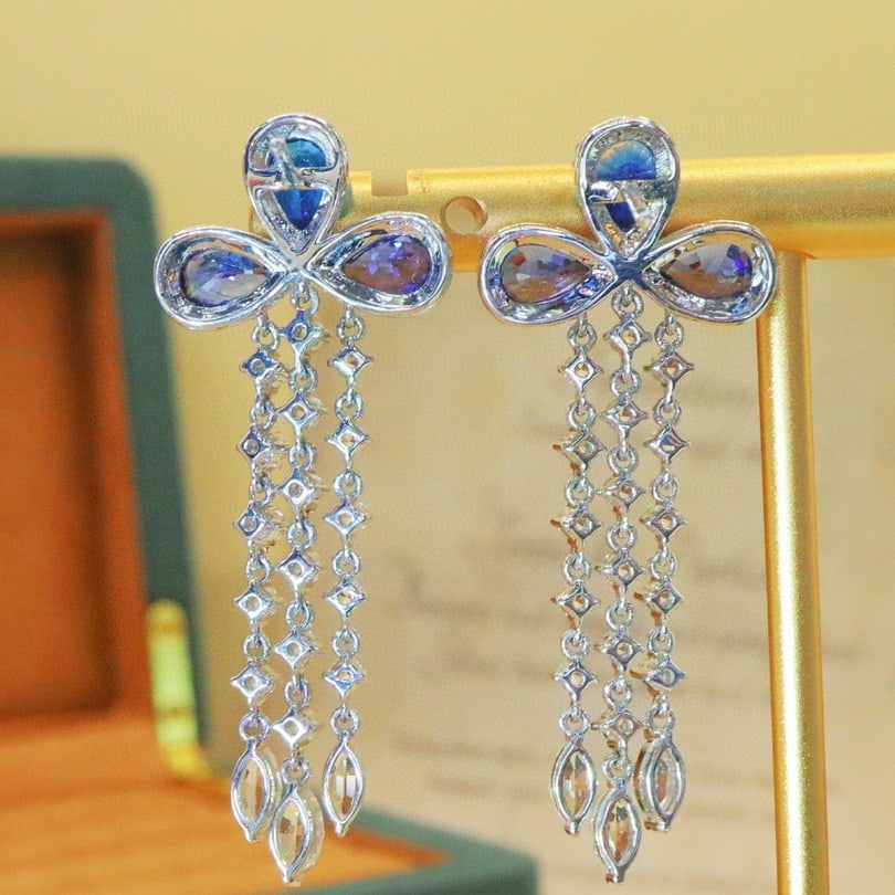 14k Gold 3.36 Ctw Natural Sapphire & Diamond Earrings - 4