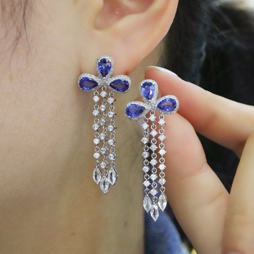 14k Gold 3.36 Ctw Natural Sapphire & Diamond Earrings - 5