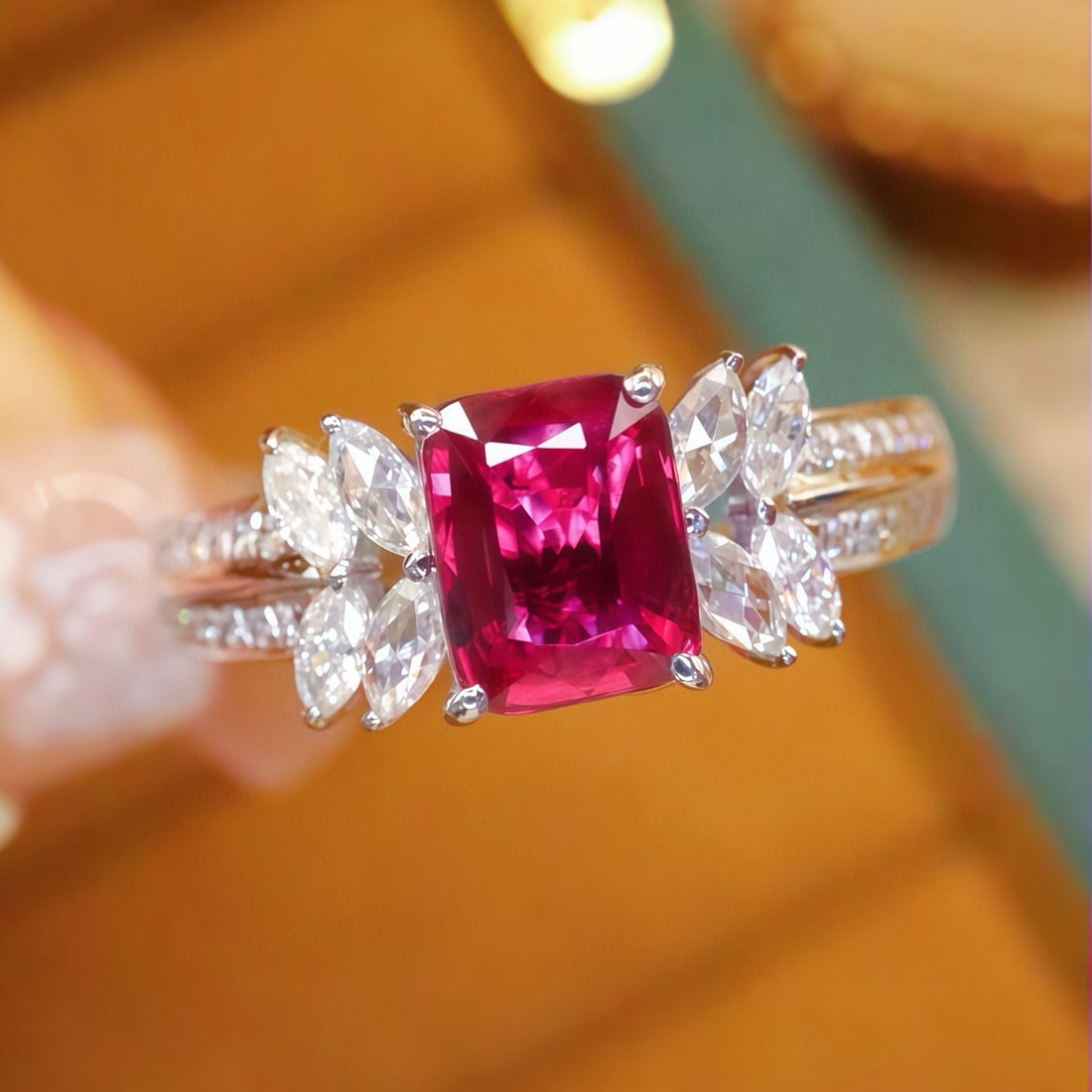 14k Gold 1.32 Ctw Natural Ruby & Diamond Ring: Ref:231066303 // gold content:14k gold // ring size:7. 25us // // main gemstone:ruby // shape:cushion // carat weight:1. 01ct // color:pigeonblood red // treatment:natural // // adjacent gemstone 2 :