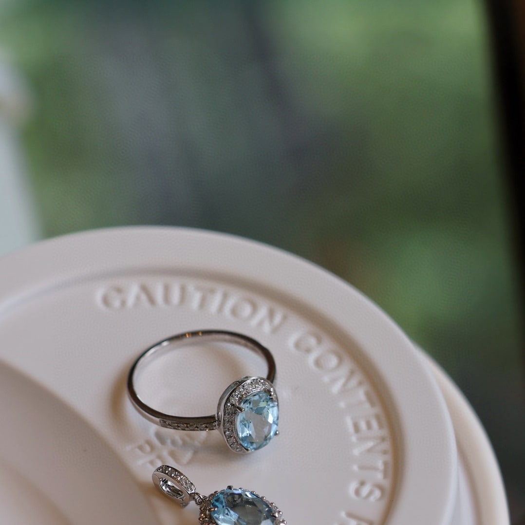 14k Gold 2.2 Ct Natural Aquamarine & Diamond Jewelry Set - 7