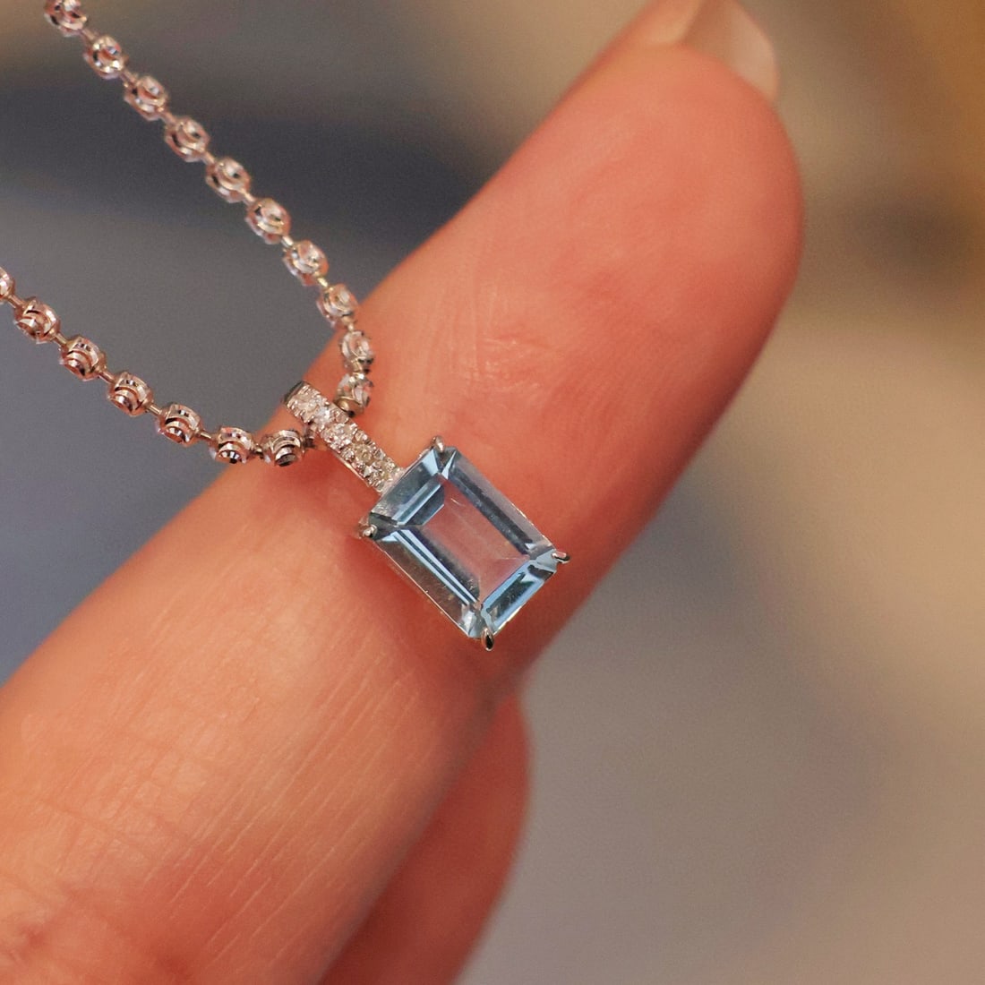 14k Gold 0.85 Ct Natural Aquamarine & Diamond Pendant( Without Chain ) - 2