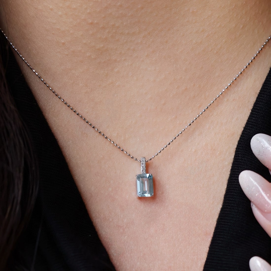 14k Gold 0.85 Ct Natural Aquamarine & Diamond Pendant( Without Chain ) - 6