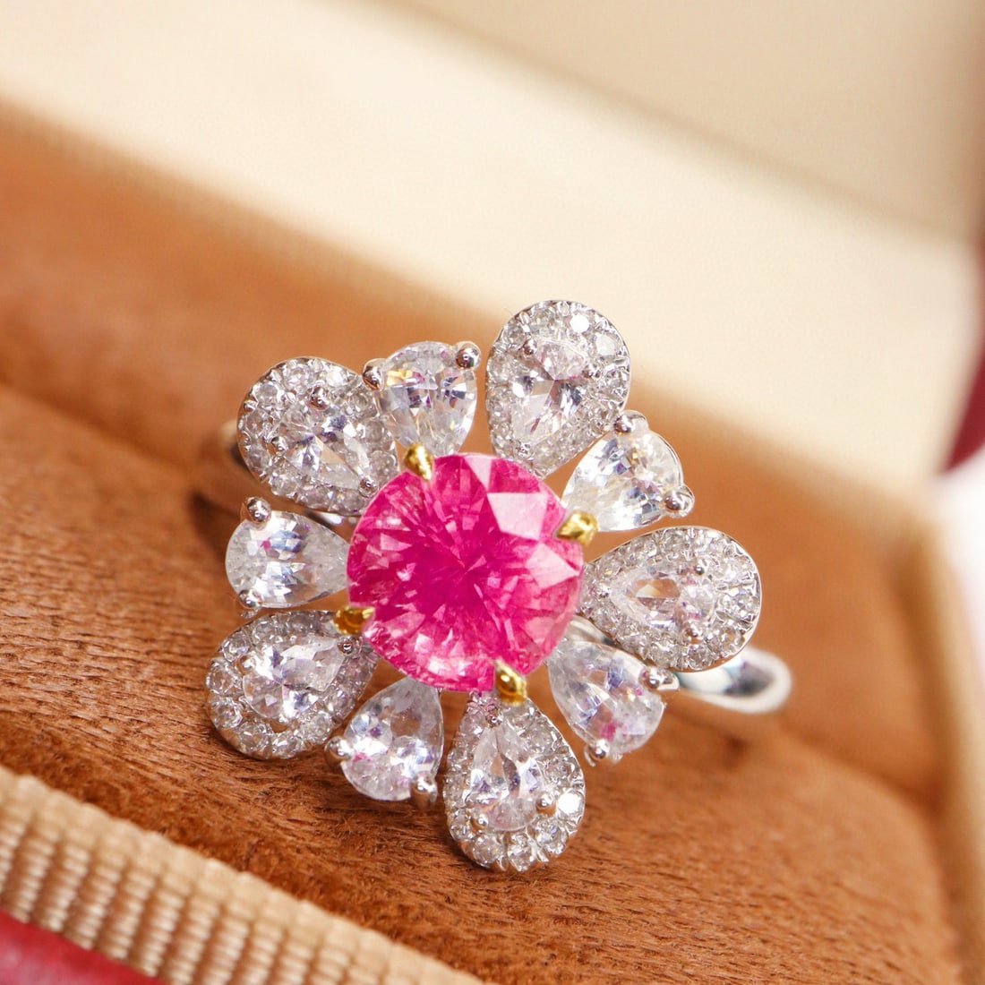 14k Gold 1.39 Ctw Natural Spinel & Diamond Ring: Ref:231066359 // gold content:14k gold // ring size:7. 25us // // main gemstone:spinel // shape:round // carat weight:1. 21ct // color:pink // treatment:natural // cut grade:g // // adjacent gemstone