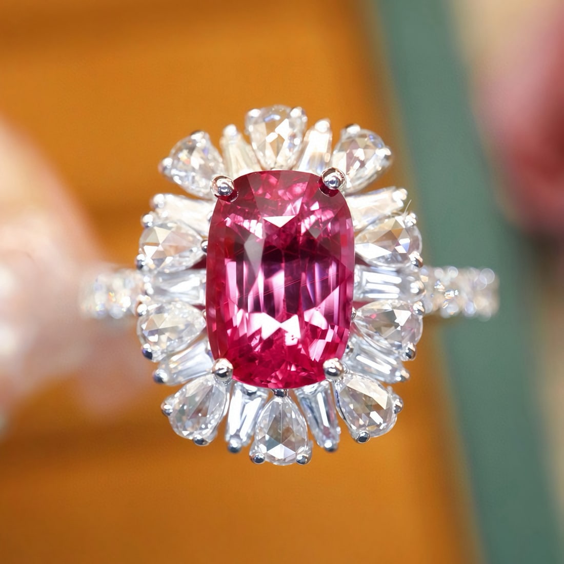 14k Gold 2.60 Ctw Vivid Pink Natural Sapphire & Diamond Ring: Ref:231066364 // gold content:14k gold // ring size:7. 25us // // main gemstone:sapphire // shape:cushion // carat weight:2. 00ct // color:vivid pink // treatment:natural // // adjacent gemstone 2