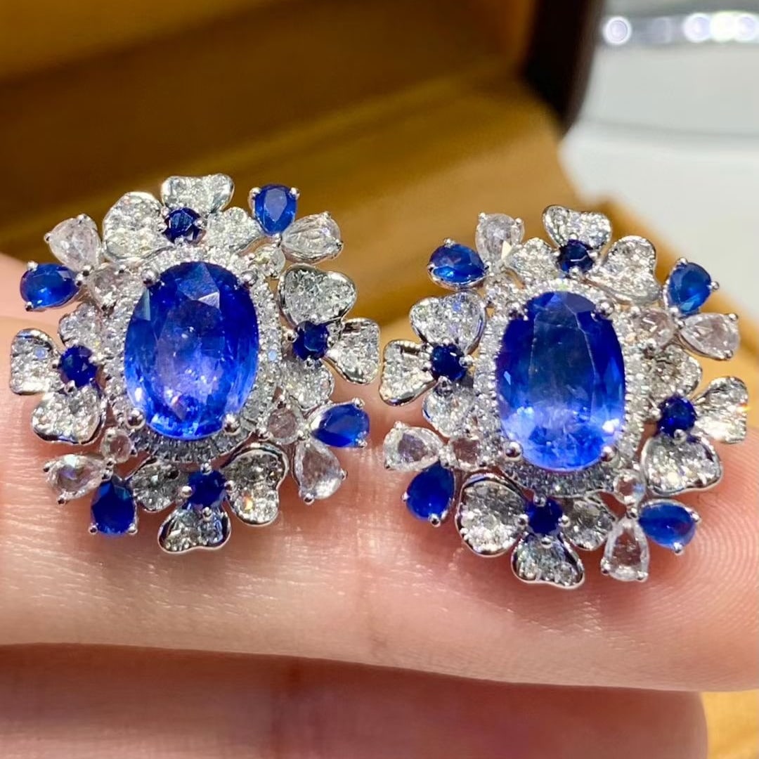 14k Gold 3.5 Ct Natural Sapphire & Diamond Earrings - 2