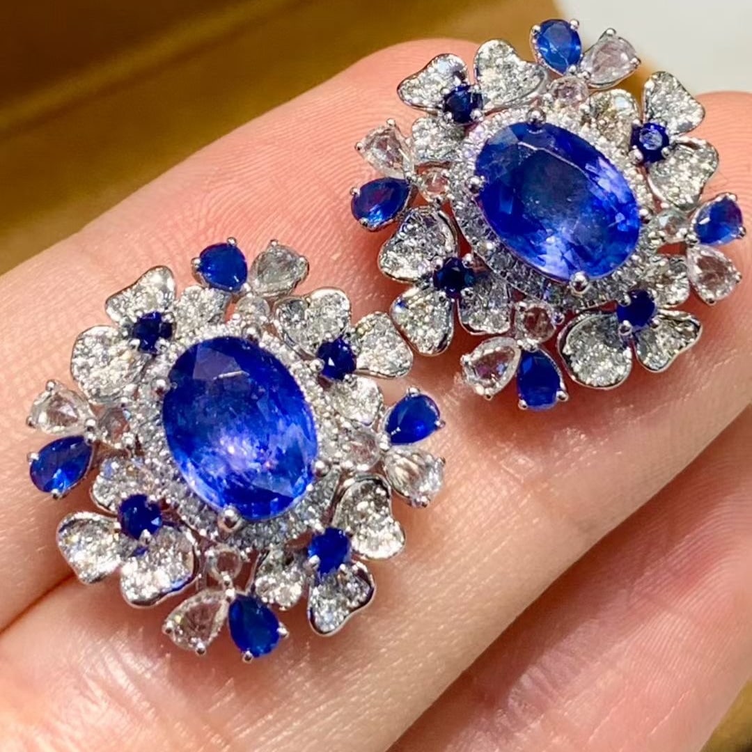 14k Gold 3.5 Ct Natural Sapphire & Diamond Earrings - 4
