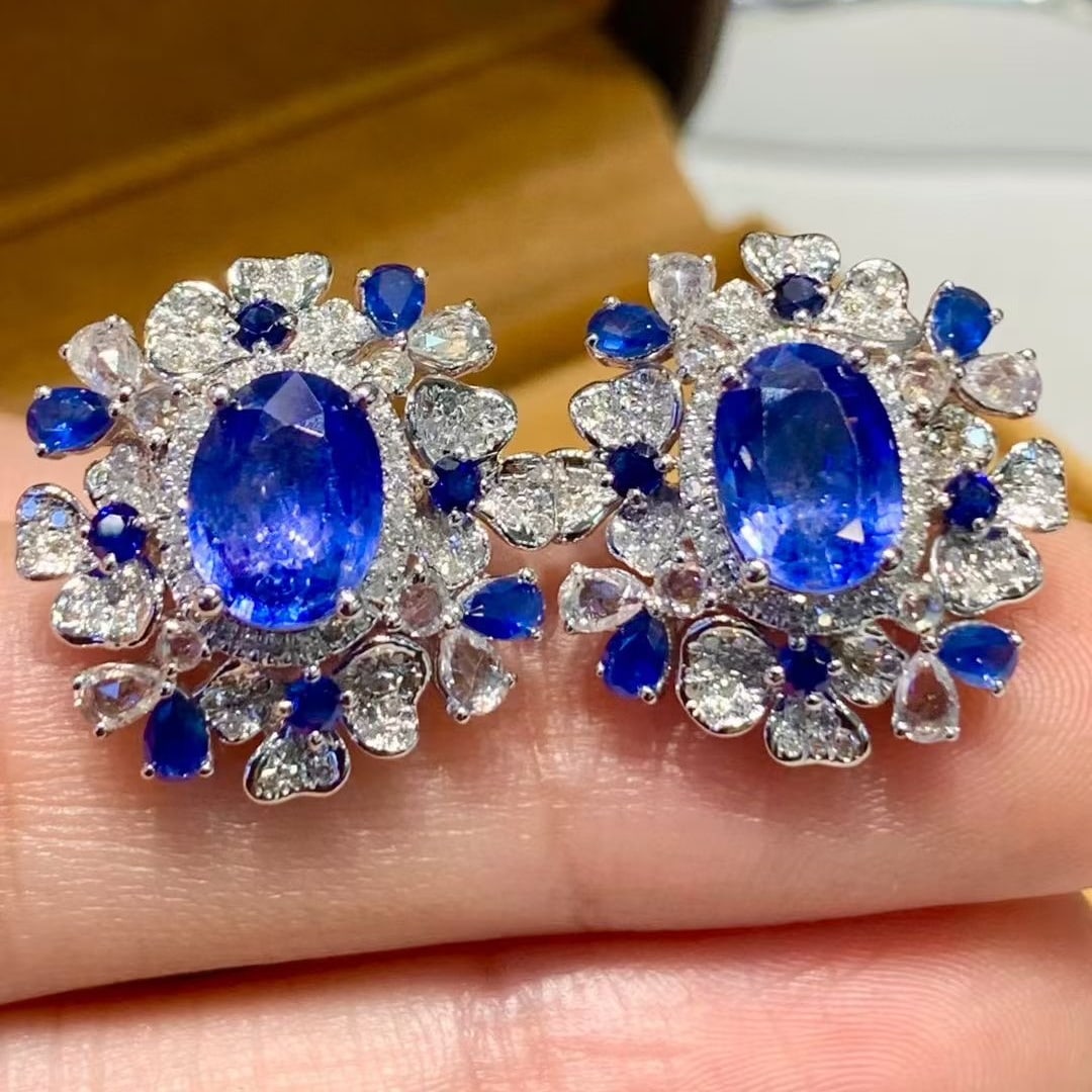14k Gold 3.5 Ct Natural Sapphire & Diamond Earrings - 5