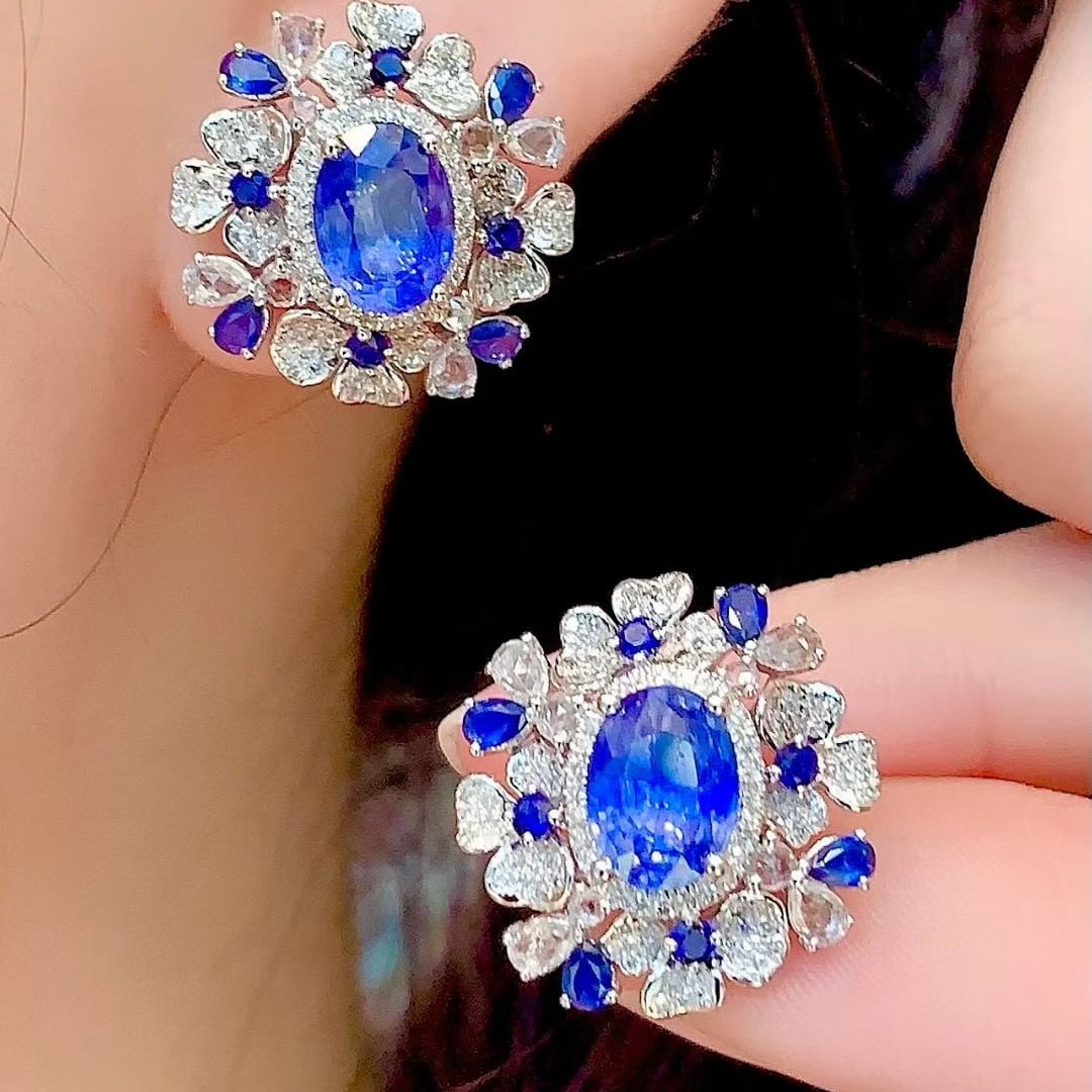 14k Gold 3.5 Ct Natural Sapphire & Diamond Earrings - 6