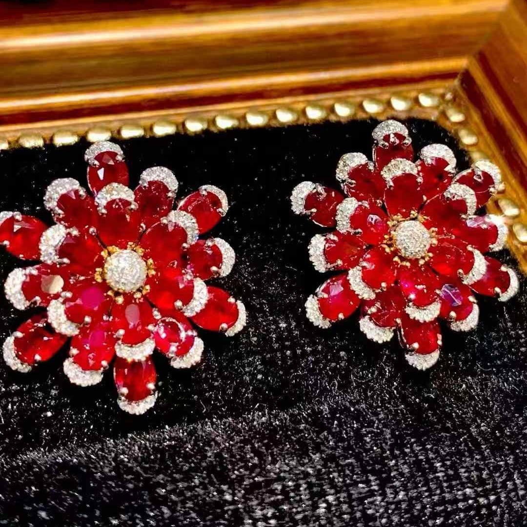 14k Gold 11.25 Ct Natural Ruby & Diamond Earrings - 2
