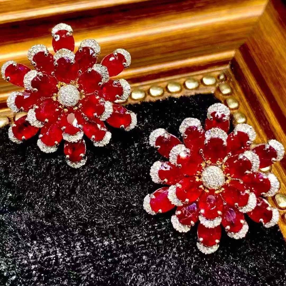 14k Gold 11.25 Ct Natural Ruby & Diamond Earrings - 4