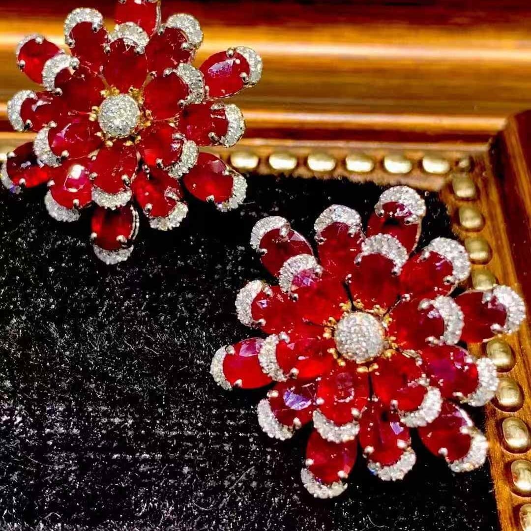 14k Gold 11.25 Ct Natural Ruby & Diamond Earrings - 5