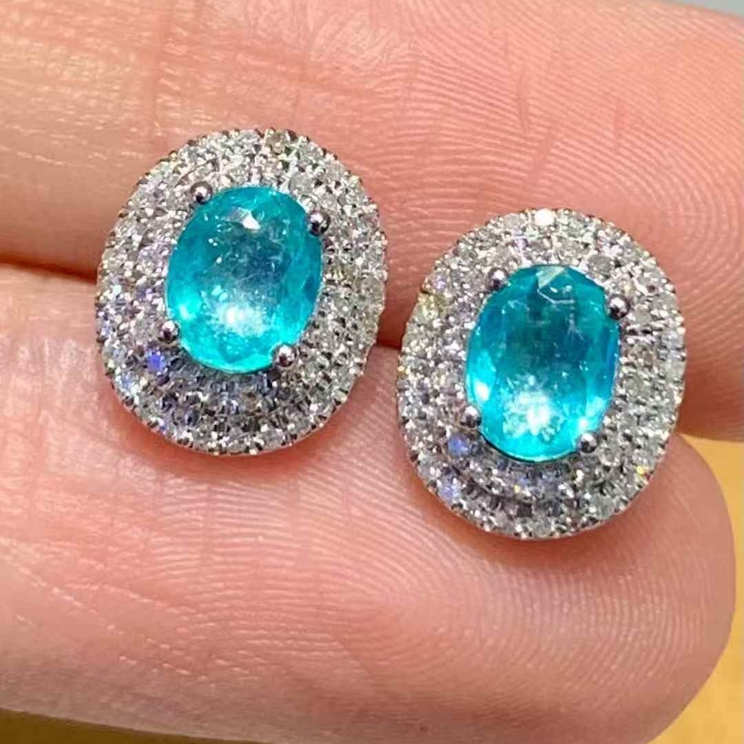 14k Gold 0.8 Ct Natural Paraiba Tourmaline & Diamond Earrings - 2