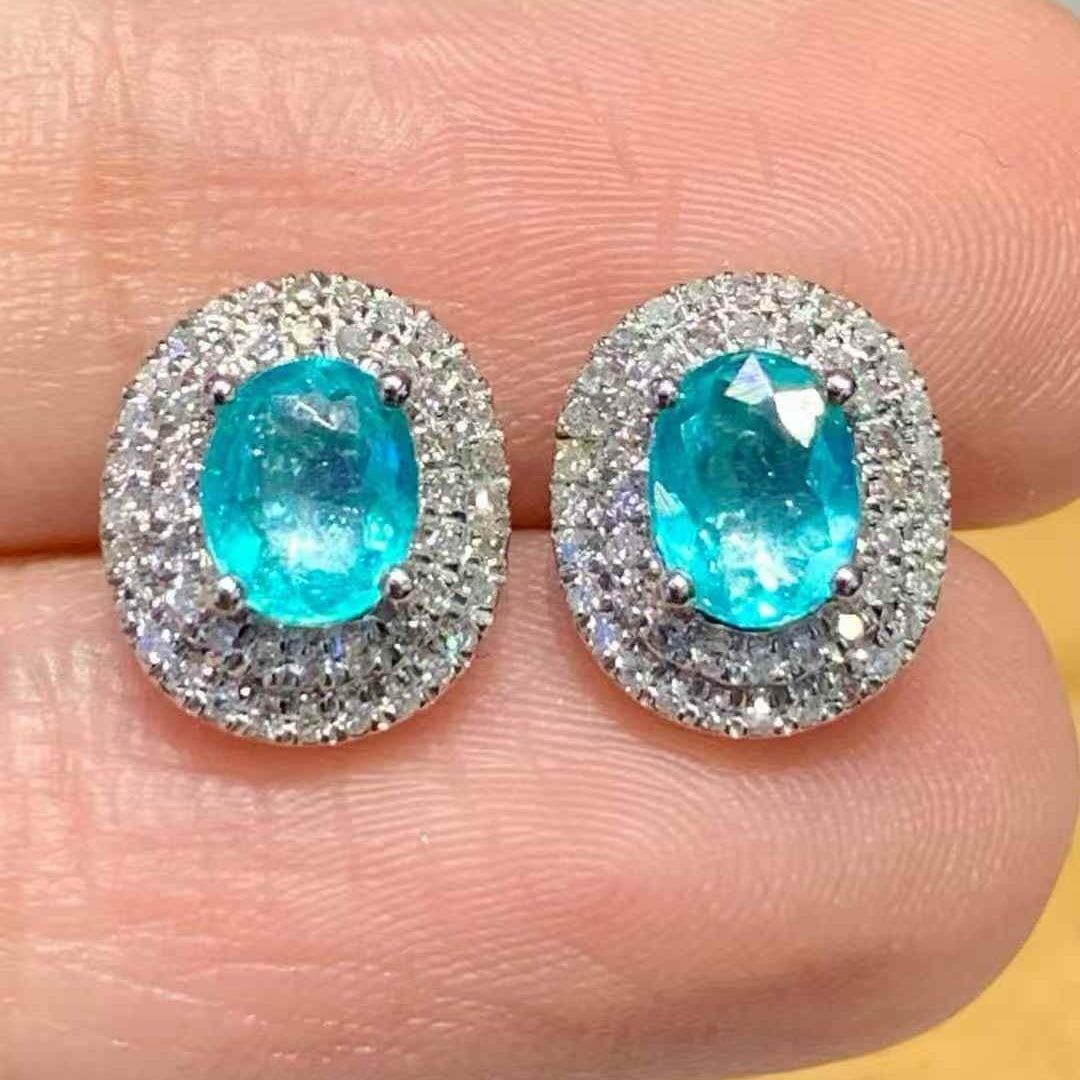14k Gold 0.8 Ct Natural Paraiba Tourmaline & Diamond Earrings - 4