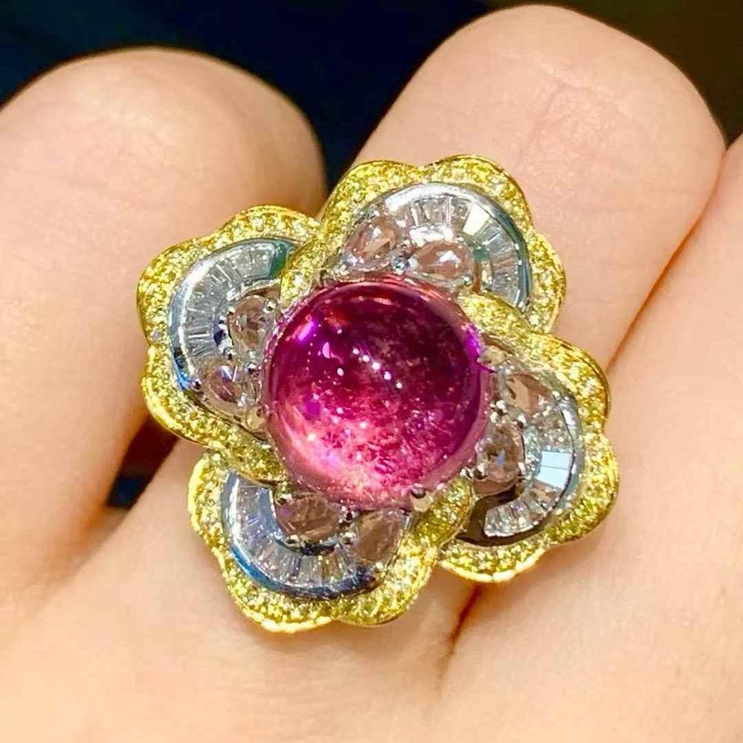14k Gold 5.3 Ct Natural Tourmaline & Diamond & Sapphire Ring: Ref:231123059 // gold content:14k gold // ring size:7. 25us // // main gemstone:tourmaline // shape:round // carat weight:5. 3ct // color:red // treatment:natural // cut grade:g // // adjacent gemston