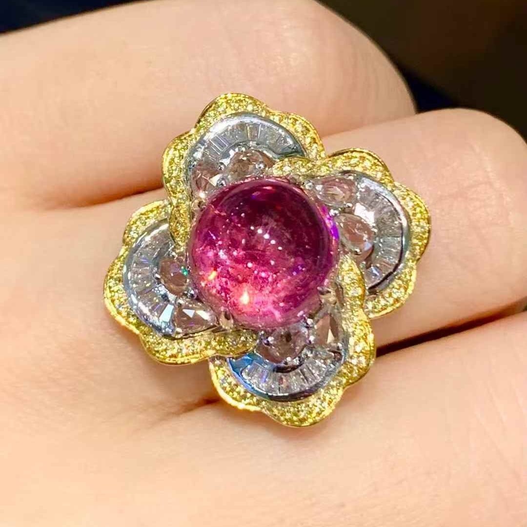 14k Gold 5.3 Ct Natural Tourmaline & Diamond & Sapphire Ring - 2