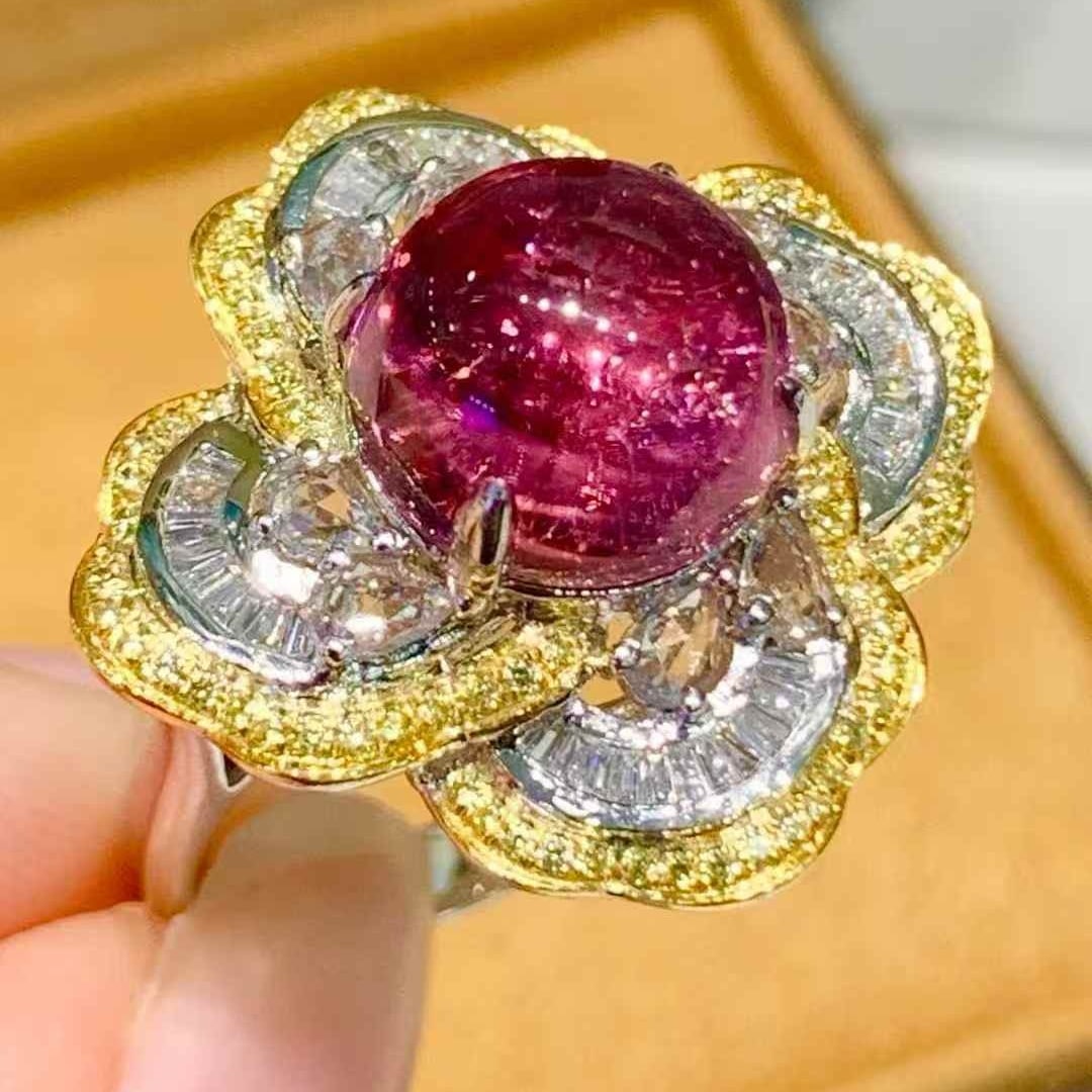 14k Gold 5.3 Ct Natural Tourmaline & Diamond & Sapphire Ring - 3