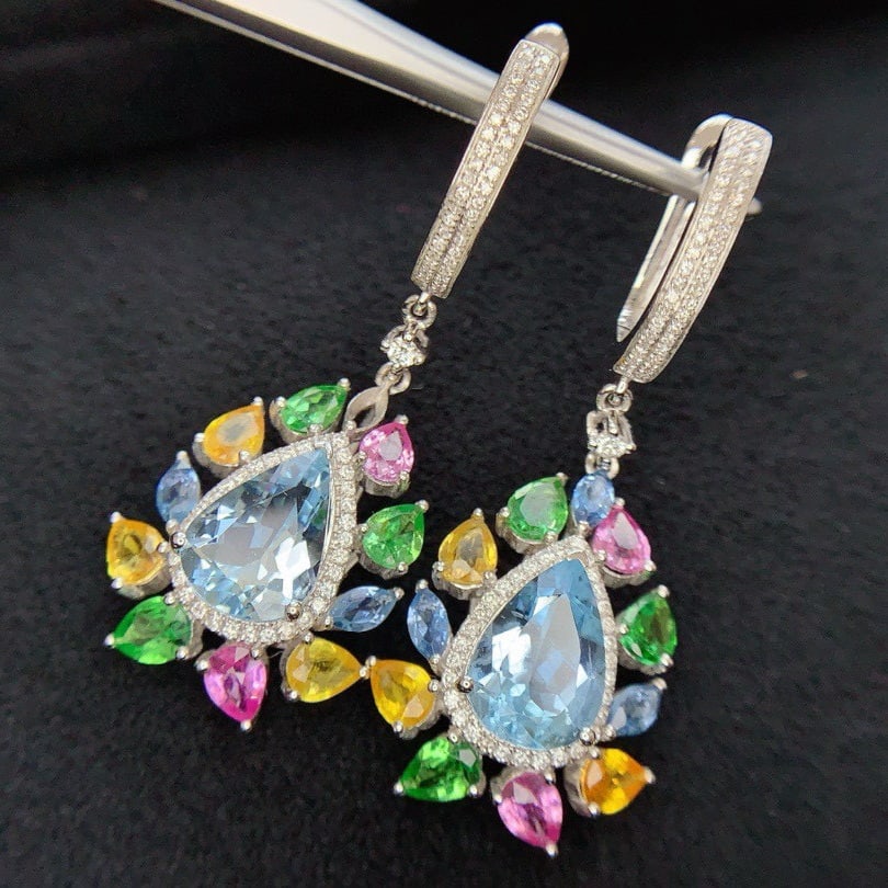 14k Gold 5.3 Ct Natural Aquamarine & Coloured Gemstone & Diamond Earrings - 4