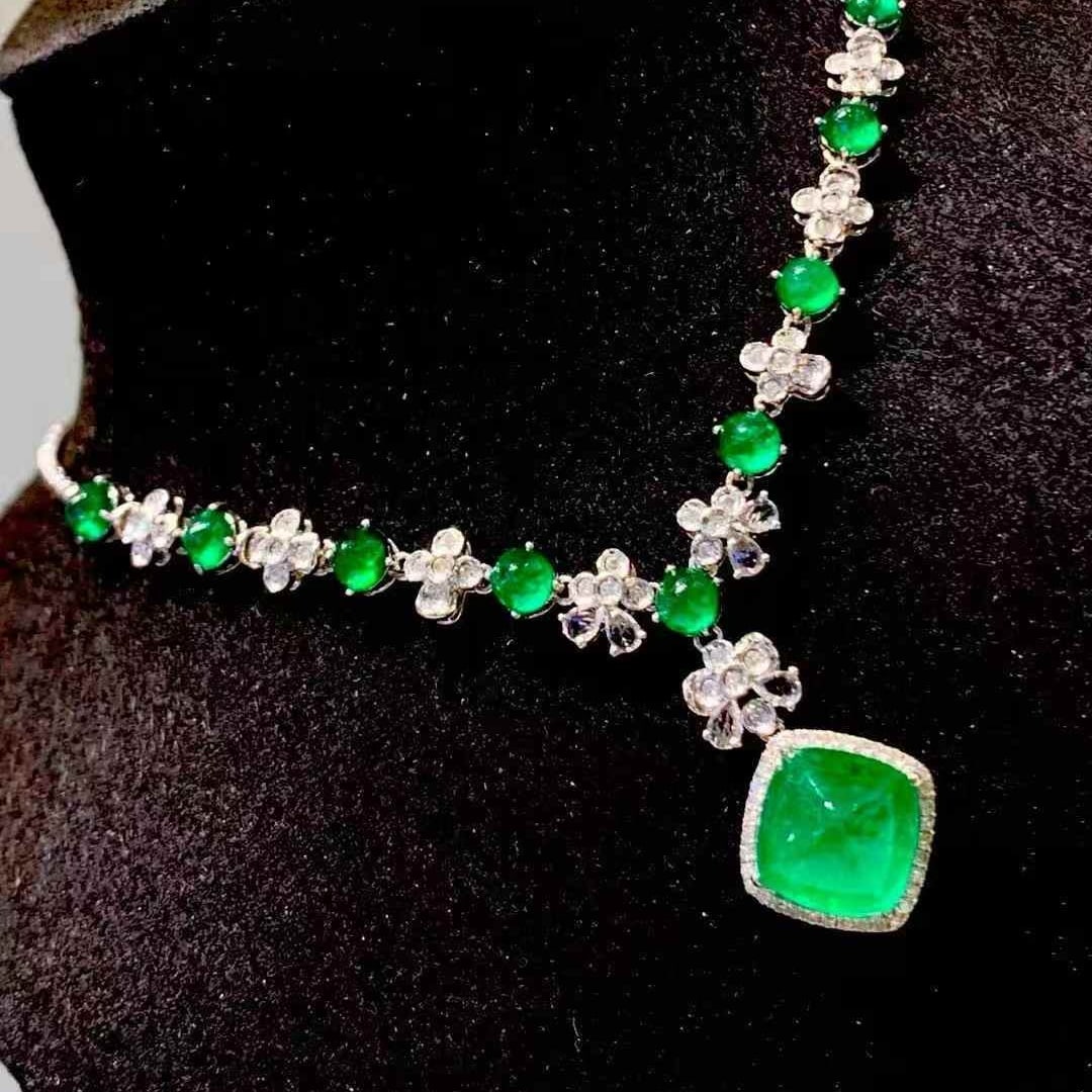 14k Gold 6.3 Ct Natural Emerald & Diamond & Sapphire Necklace - 6