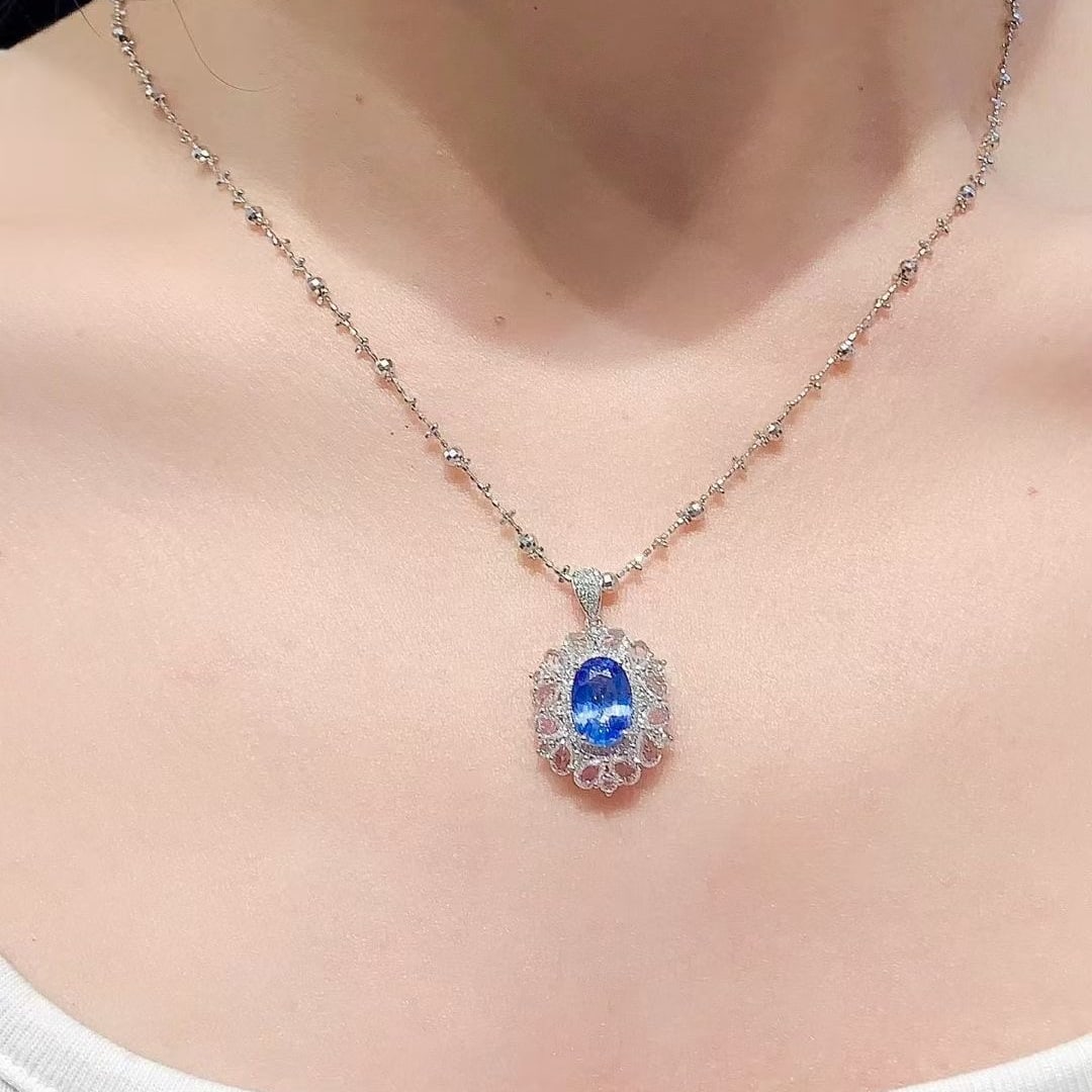 14k Gold 2.5 Ct Natural Sapphire & Diamond & Sapphire Pendant( Without Chain ) - 5