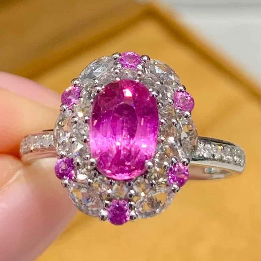 14k Gold 1.22 Ct Natural Sapphire & Coloured Gemstone & Diamond Ring: Ref:231123078 // gold content:14k gold // ring size:7. 25us // // main gemstone:sapphire // shape:oval // carat weight:1. 22ct // color:pink // treatment:natural // // adjacent gemstone 2 : coloured g