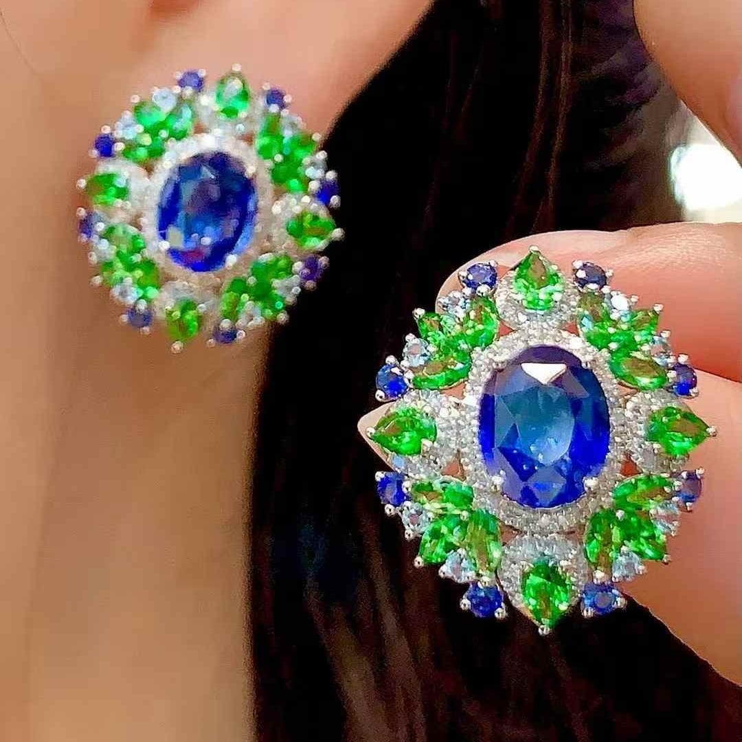 14k Gold 3.85 Ct Natural Sapphire & Diamond & Coloured Gemstone Earrings - 6