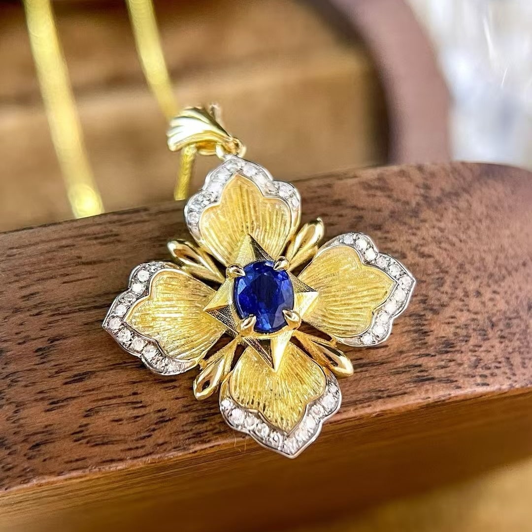 14k Gold 0.68 Ctw Natural Sapphire & Diamond Pendant( Without Chain ): Ref:231123089 // gold content:14k gold // main gemstone:sapphire // shape:oval // carat weight:0. 5ct // color:blue // treatment:natural // // adjacent gemstone 2 : diamond // shape:round // carat