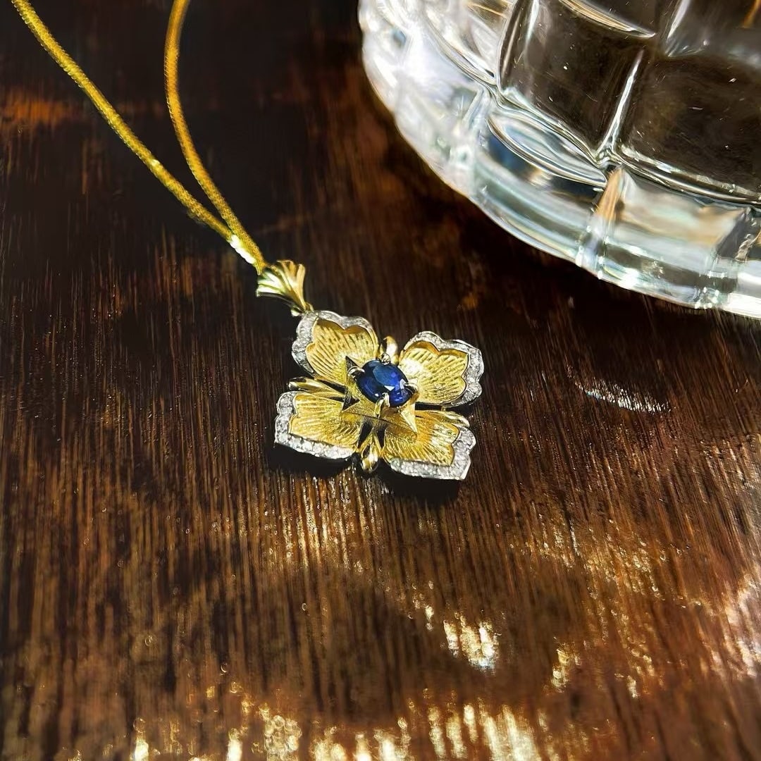 14k Gold 0.68 Ctw Natural Sapphire & Diamond Pendant( Without Chain ) - 3